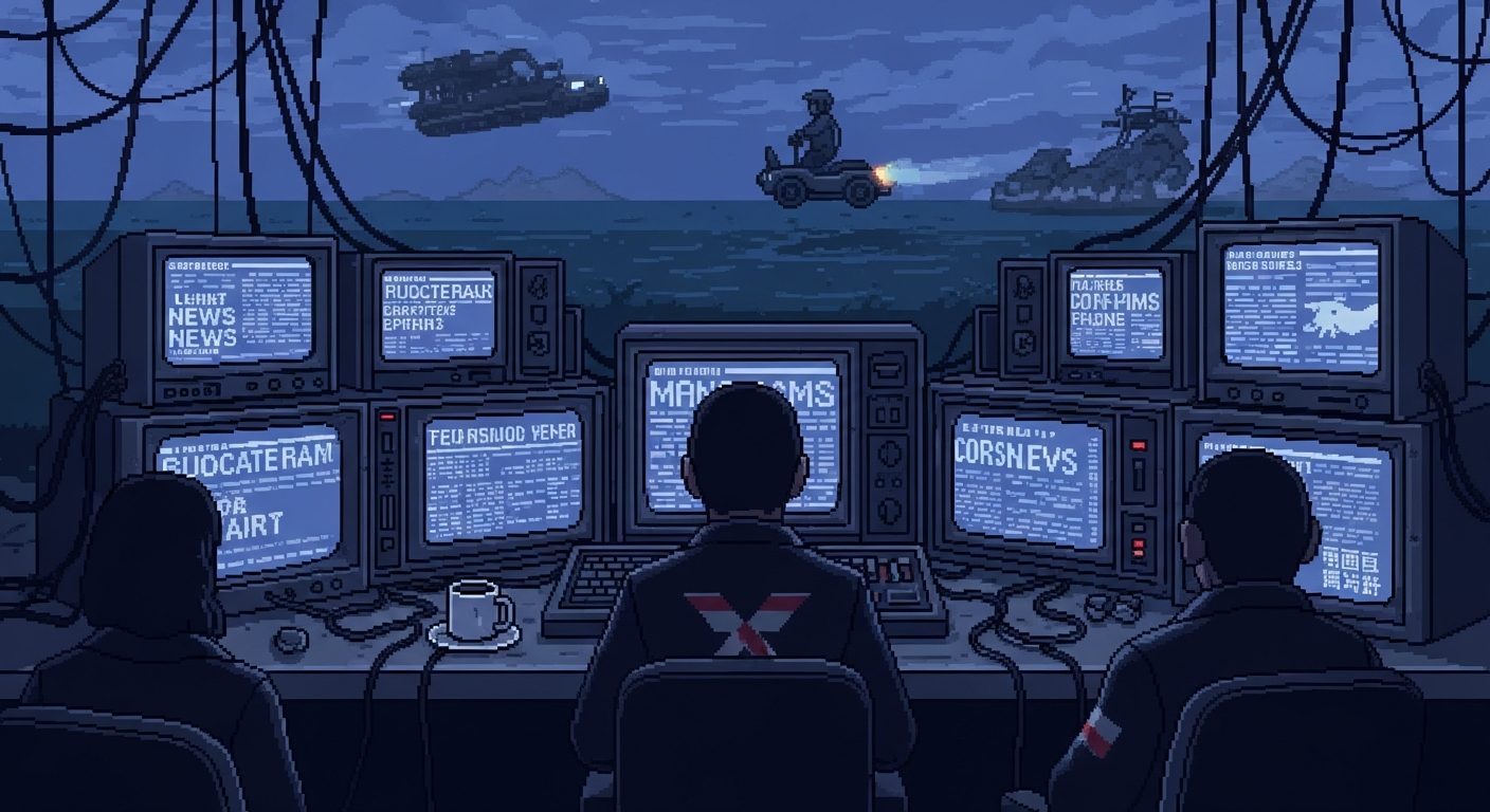 A desk covered in dozens of old, crackling CRT monitors, each displaying a diffe