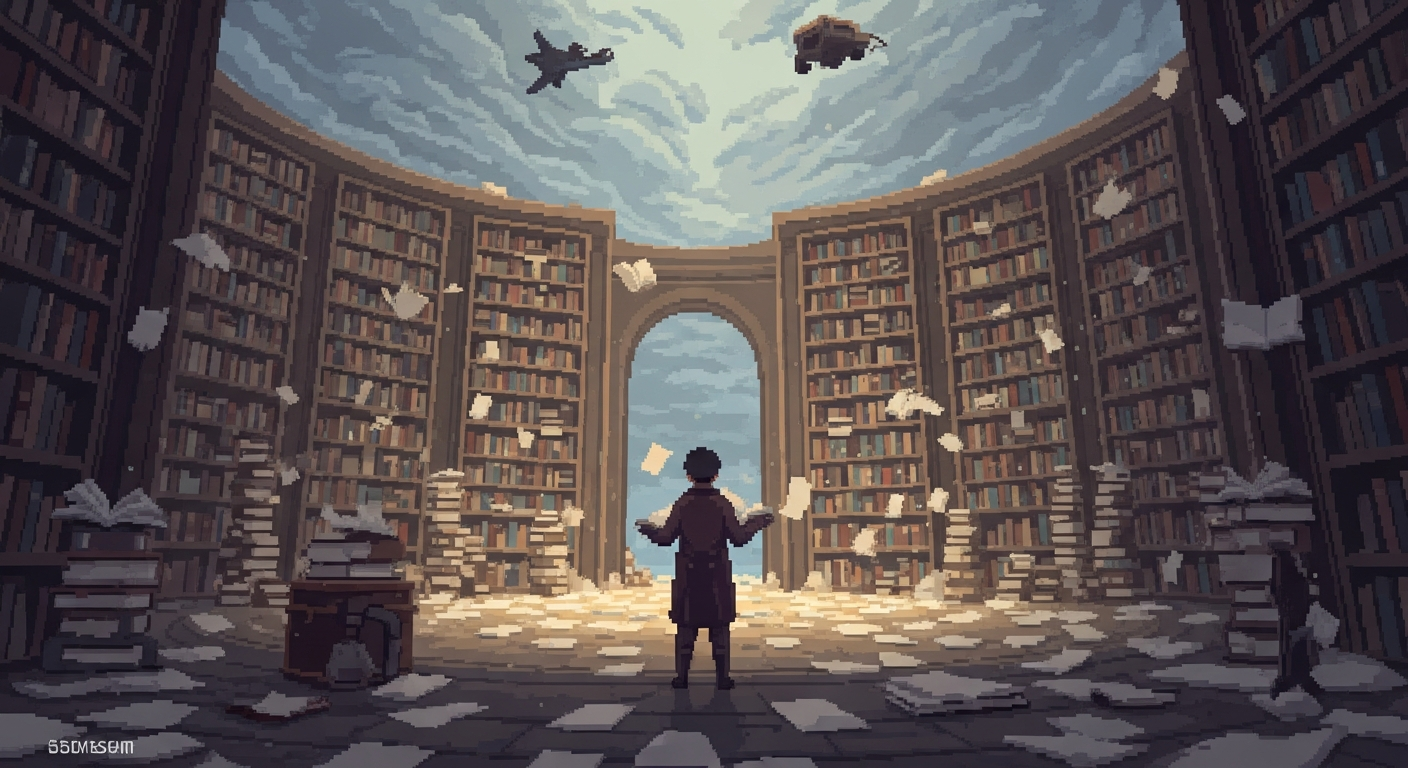 A lone librarian in a vast, dusty, circular library where the shelves are collap