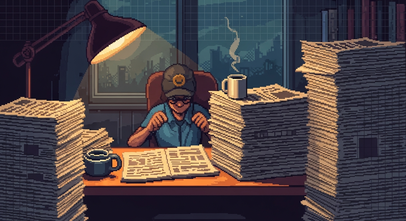 A cluttered desk in a dimly lit room, covered in stacks of newspapers with contr