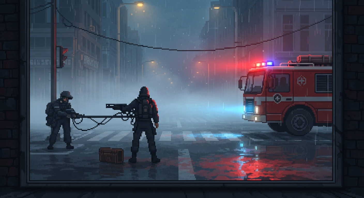 A view through a grimy window of a city street at night. The street is empty exc