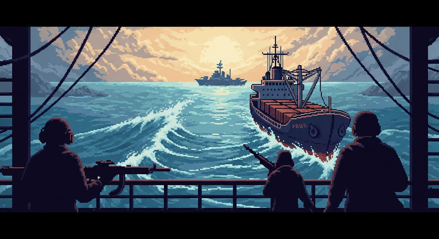 A cargo ship navigating a narrow, turbulent strait, with a distant naval vessel 