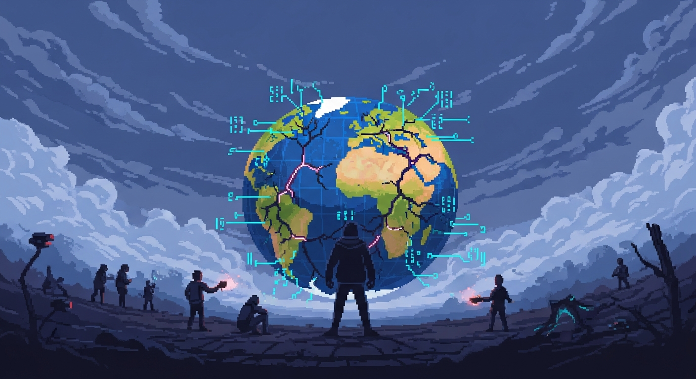 A cracked globe, with fault lines running through continents, some parts glowing