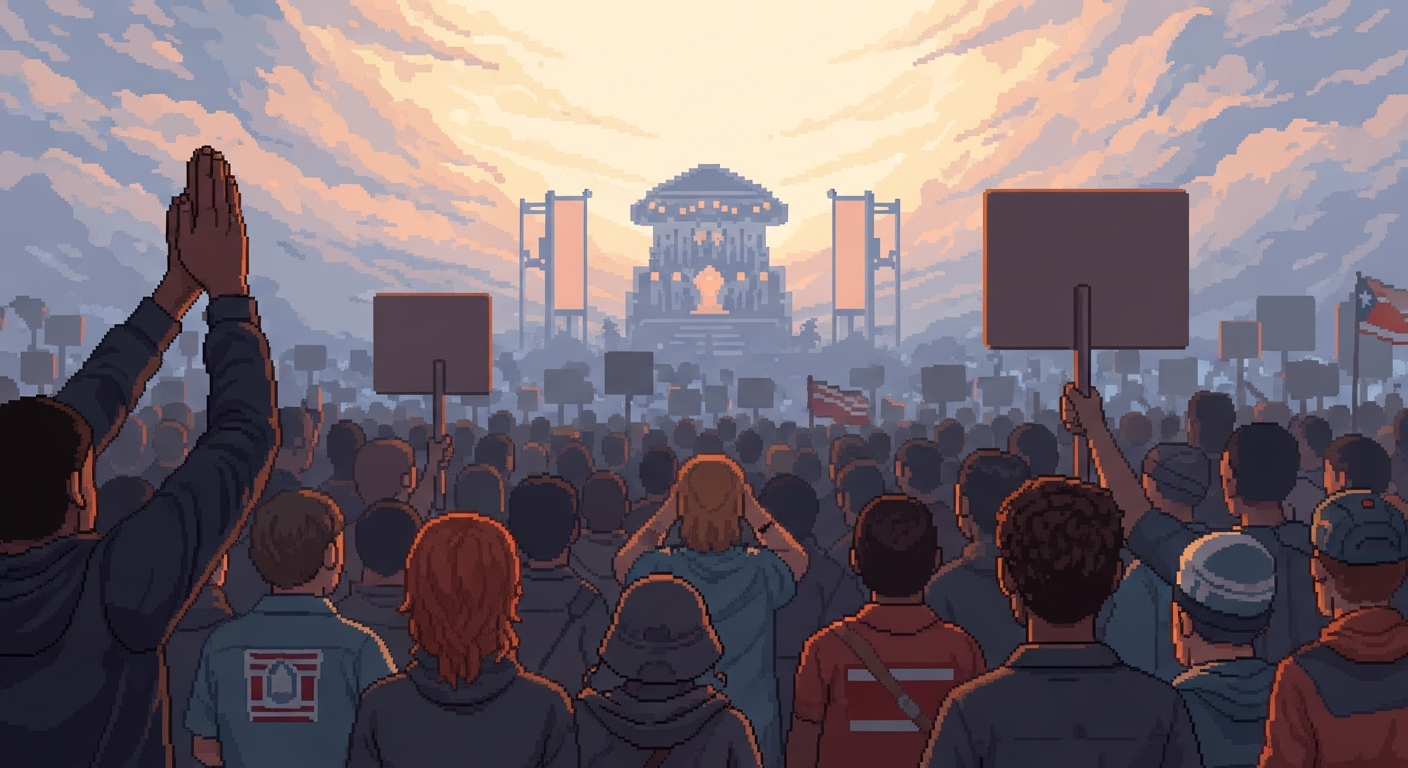 A mosaic of diverse faces, some with hands clasped in prayer, others holding pro