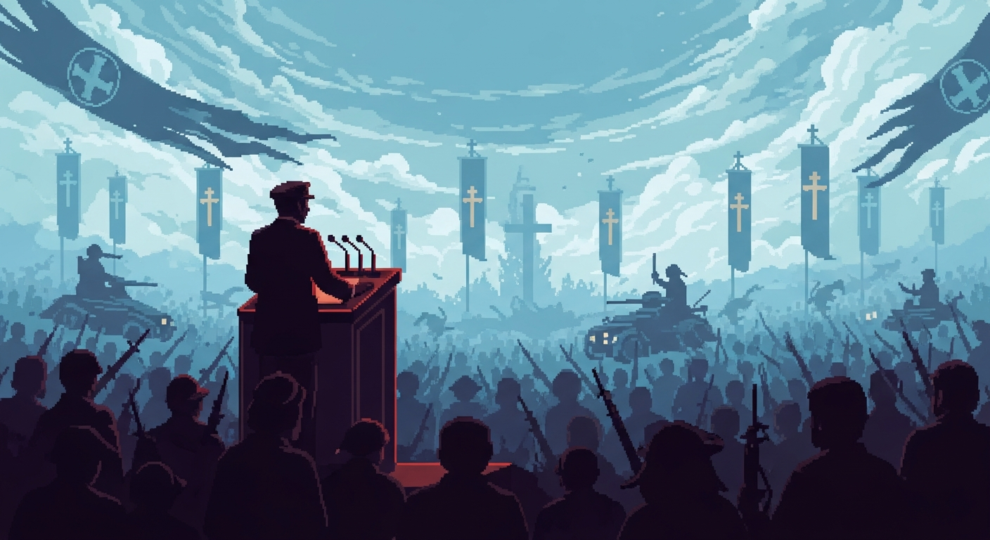 A political figure delivering a speech from a podium, surrounded by a swirling, 