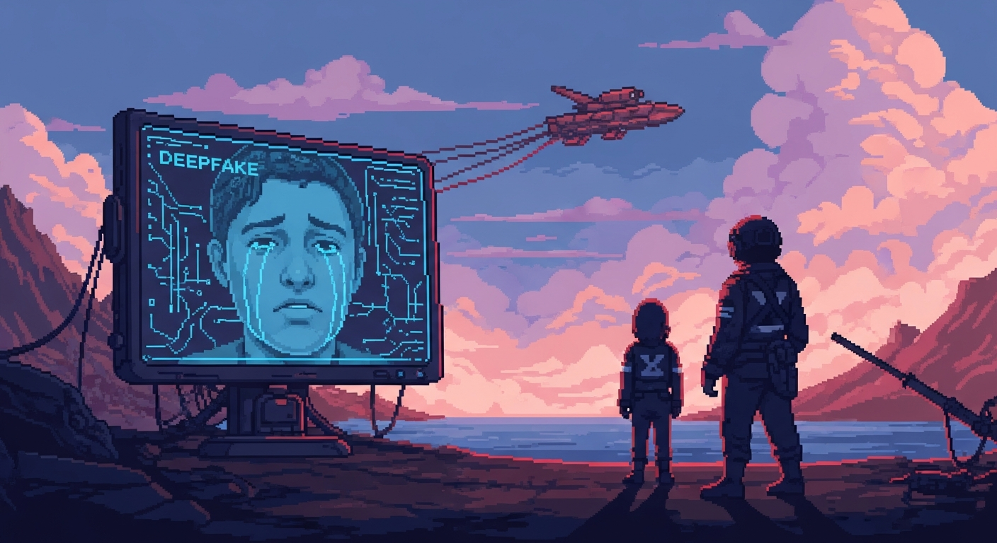 A digital screen displaying a deepfake video of a person crying, with lines of c